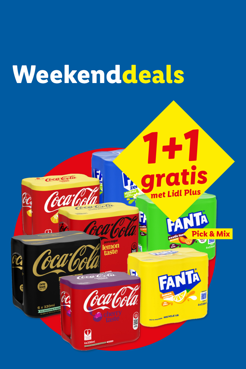 Weekenddeals: 1+1 gratis op diverse frisdrank multipacks, inclusief cola en Fanta.