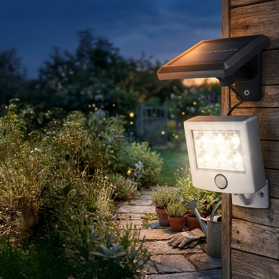 Solar LED-spot met bewegingssensor aan een houten schuur in een tuin bij schemering.