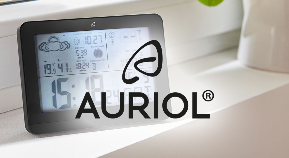 Auriol weerstation met tijd, temperatuur en luchtvochtigheid.