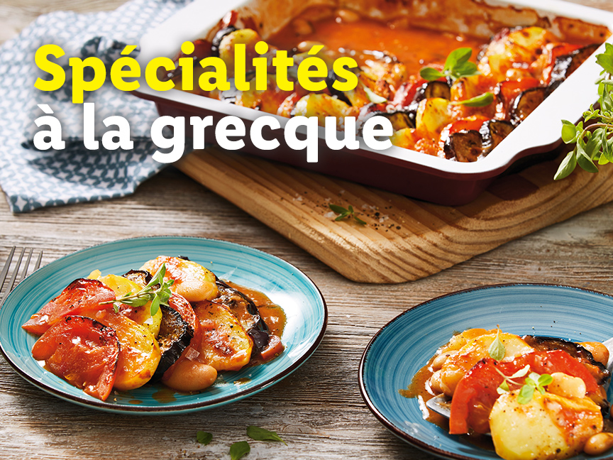 Spécialités grecques : plat mijoté de légumes et de haricots blancs.