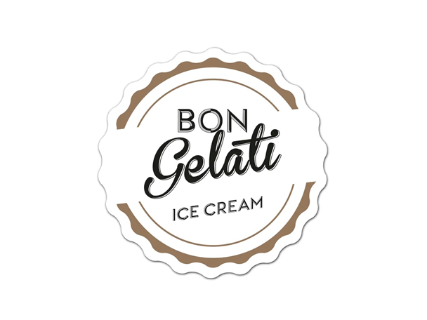 Logo rond pour crème glacée et gelato en marron et noir, avec un bord festonné.