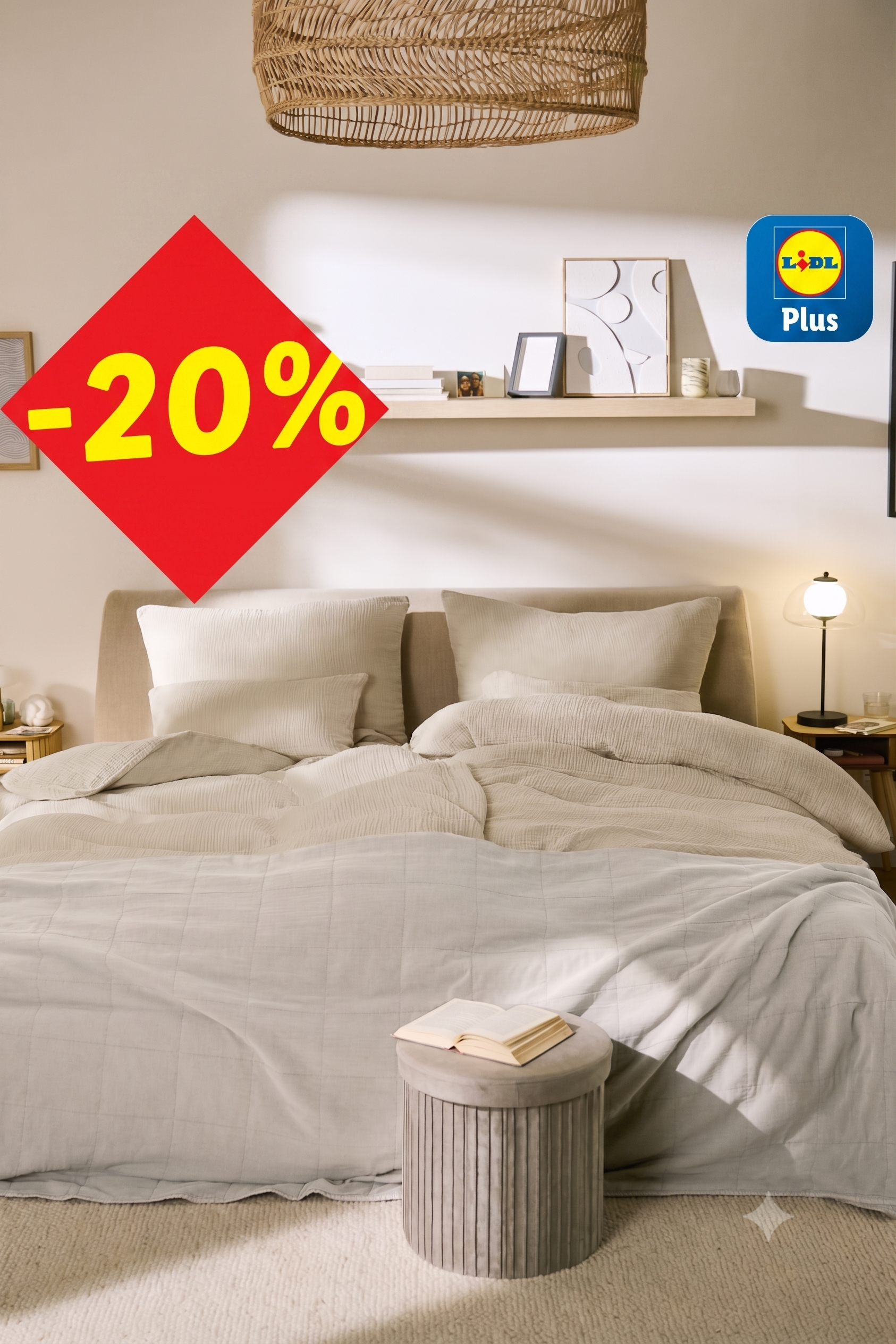 Lichte slaapkamer met een opgemaakt bed met beige lakens en kussens, een wandplank en een bedlampje. Een rood '-20%' label is zichtbaar.