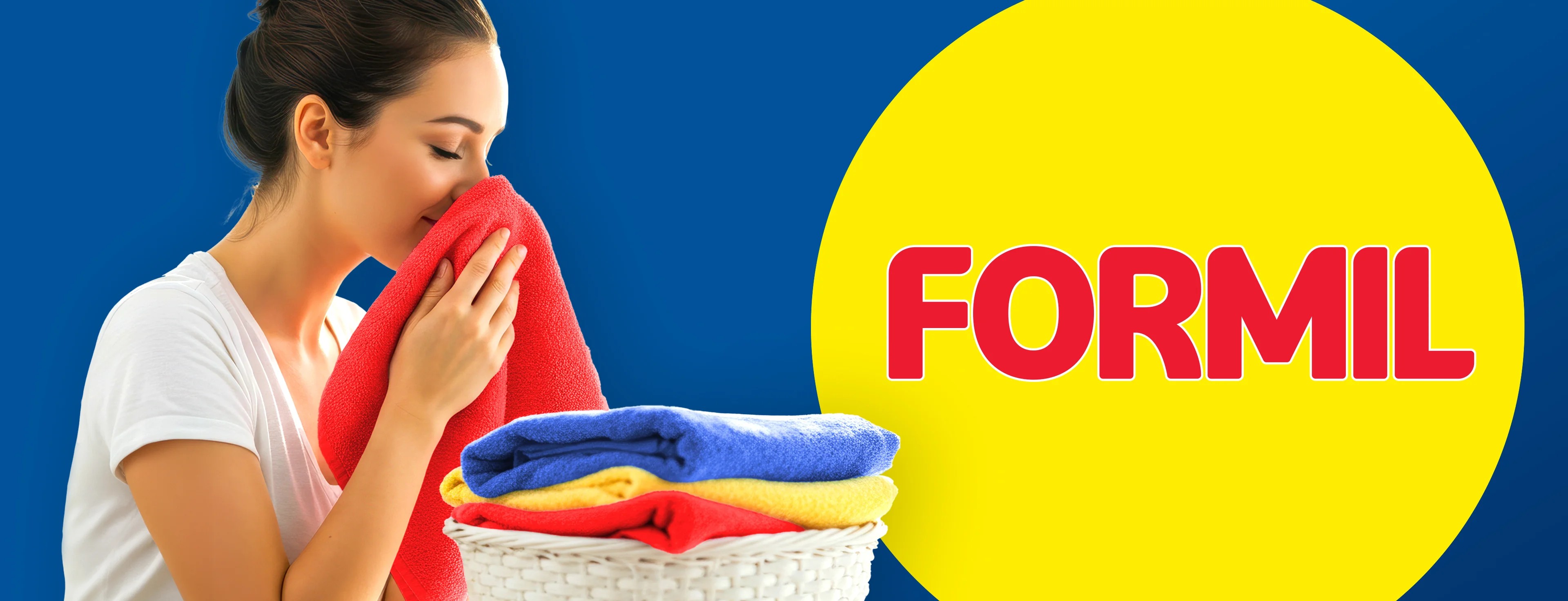 Vrouw ruikt aan een rode handdoek, met een mand vol schone handdoeken ernaast. Tekst: FORMIL.