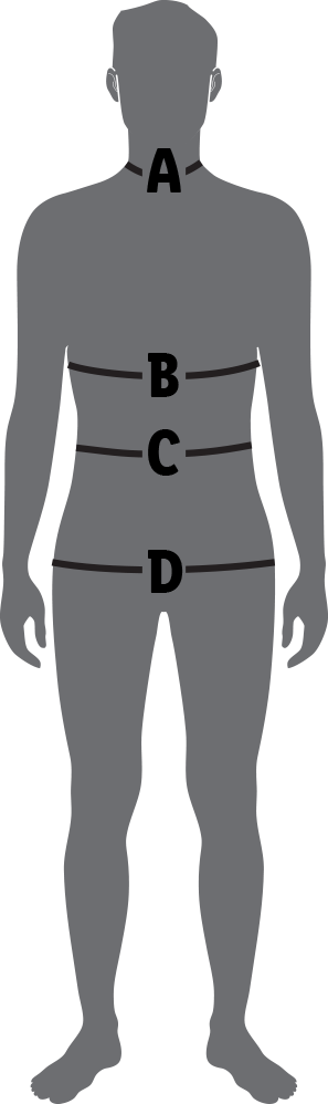 Lichaamsdiagram met meetpunten voor kleding.