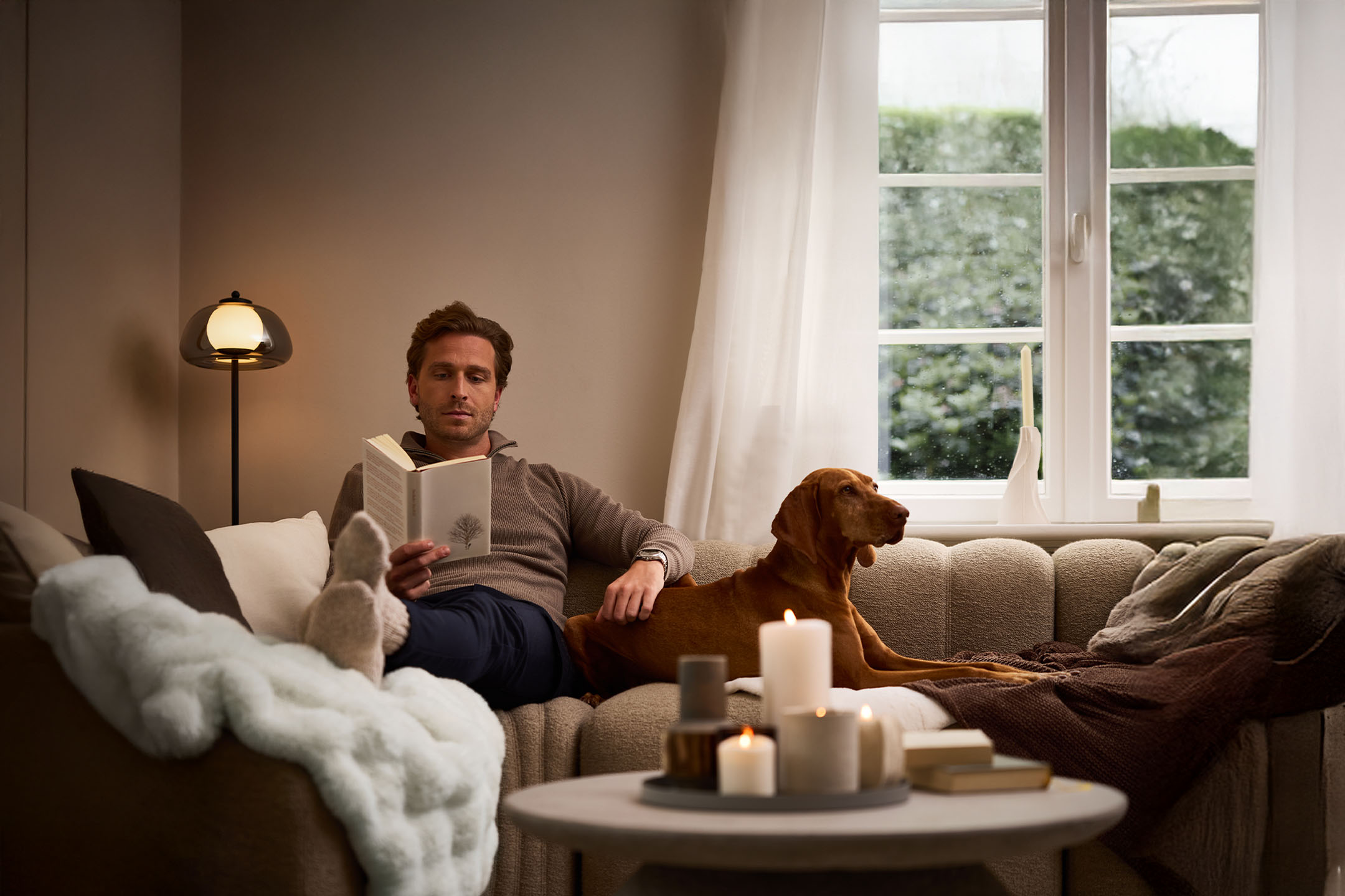 Man leest boek met hond op bank, gezellige verlichting en geurkaarsen.