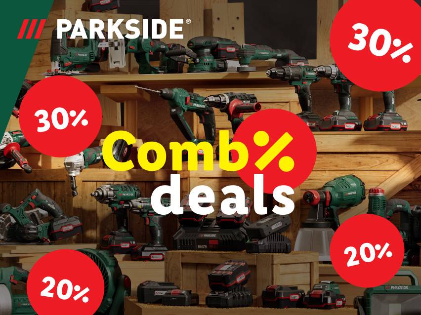 Diverse elektrische gereedschappen met kortingen van 20% en 30% in een 'Combodeals' aanbieding.