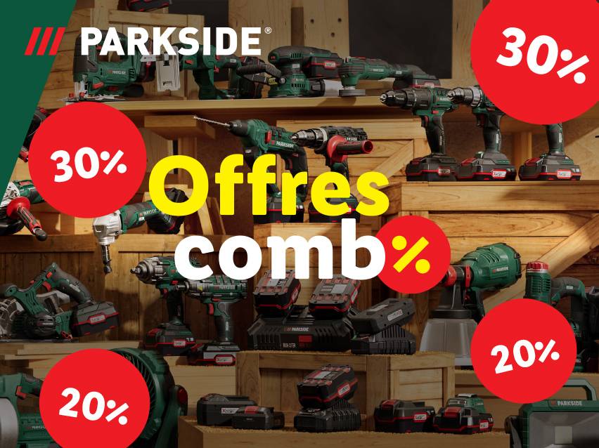 Un assortiment d'outils électriques avec 30% et 20% de réduction sur les offres combinées.