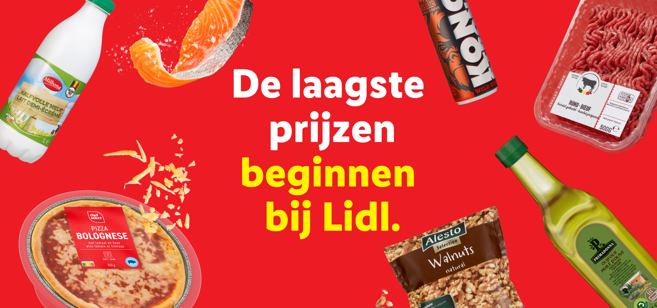 Lidl productassortiment op rode achtergrond: melk, zalm, pizza, chocolade, walnoten, gehakt, energiedrank, olijfolie.