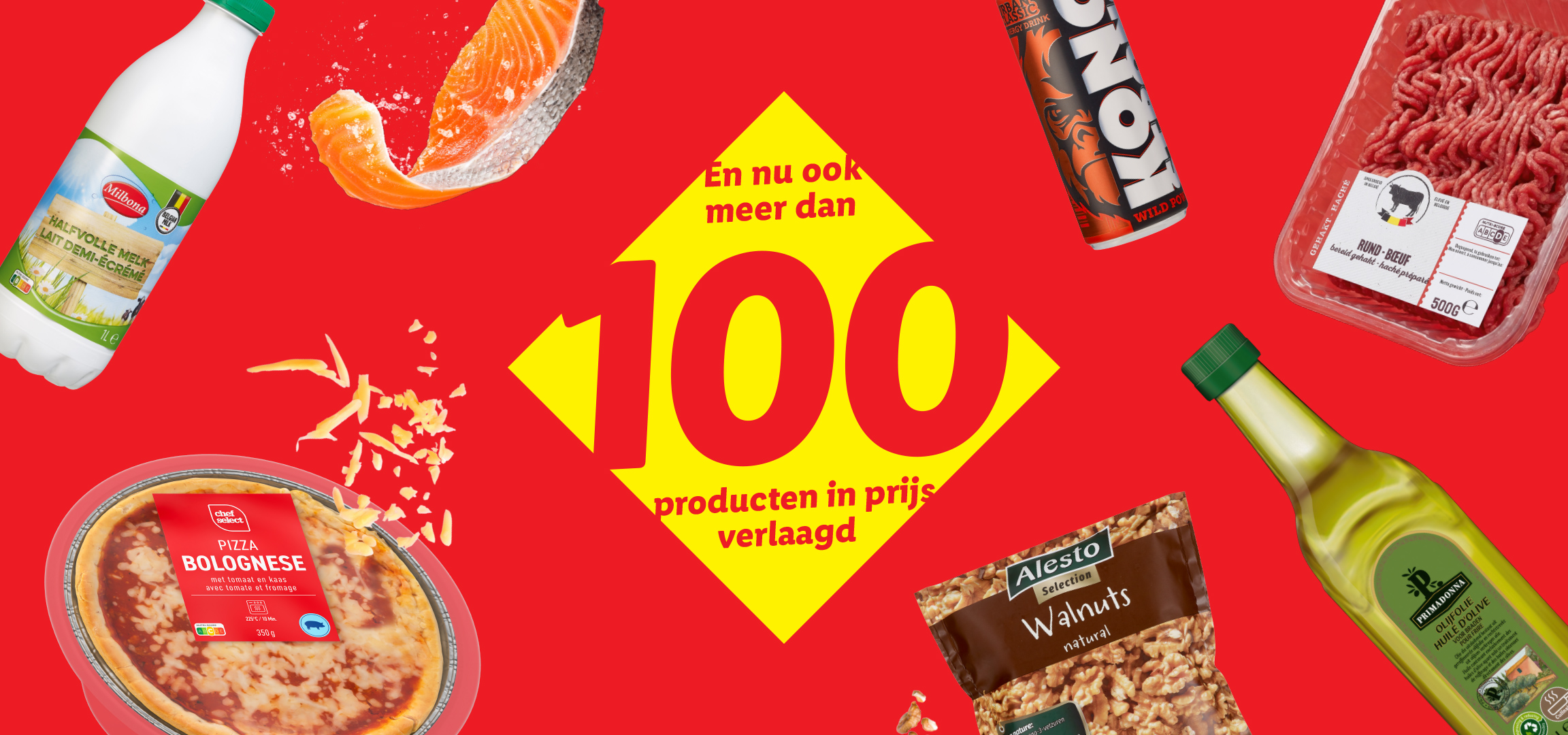 Lidl-advertentie met 100 afgeprijsde producten, waaronder melk, zalm, pizza, chocolade, walnoten, olijfolie, gehakt en een energiedrank.