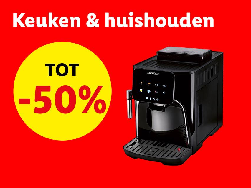 Advertentie voor keuken- en huishoudartikelen met een SilverCrest koffiezetapparaat en 50% korting.