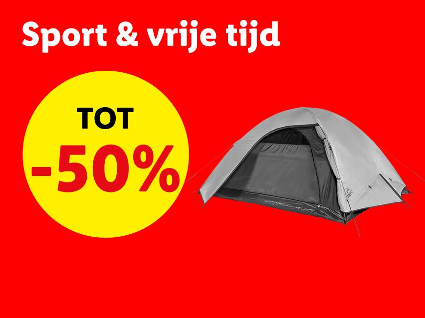 Grijze kampeertent met 50% korting op sport- en vrijetijdsartikelen.