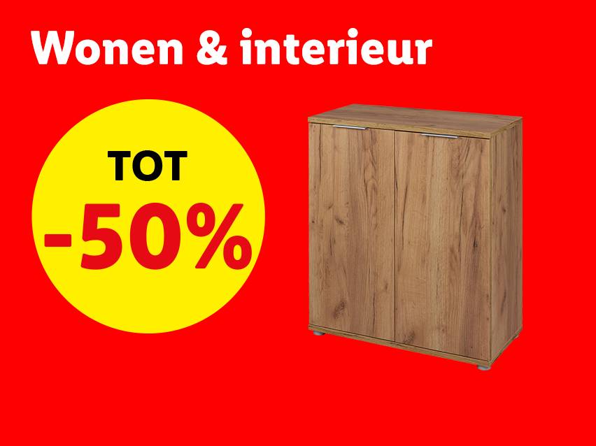 Advertentie voor wonen & interieur met een houten kast en 50% korting.