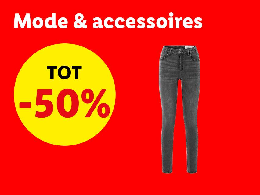 Advertentie voor mode en accessoires met een grijze jeans en 50% korting.