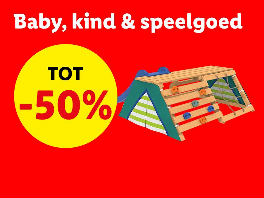 Baby-, kinder- en speelgoedartikelen met 50% korting.