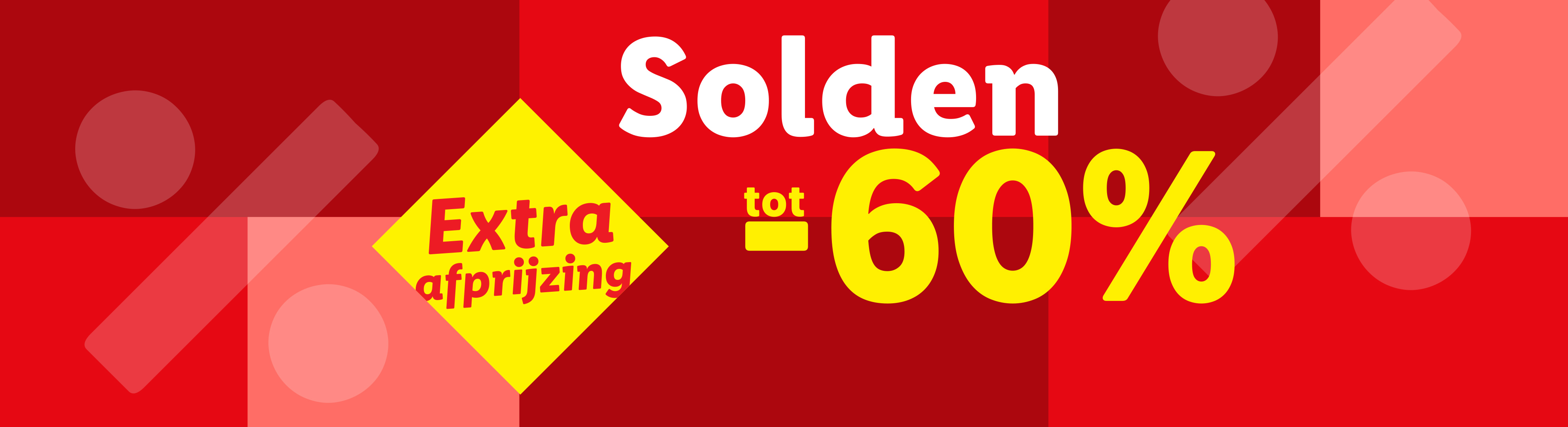Solden met tot 60% extra afprijzing op een rode achtergrond.