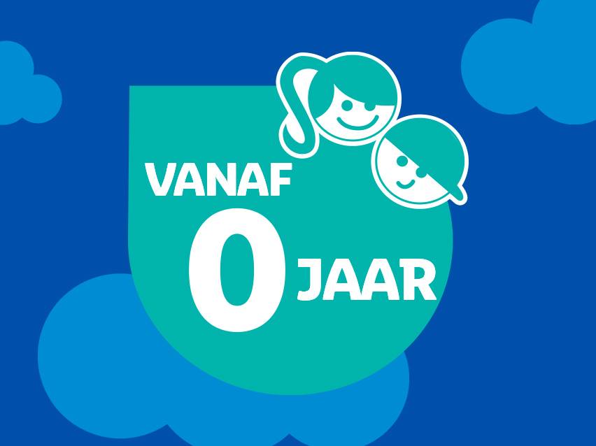 Blauw en groen logo met kindergezichtjes en de tekst 'Vanaf 0 Jaar'.