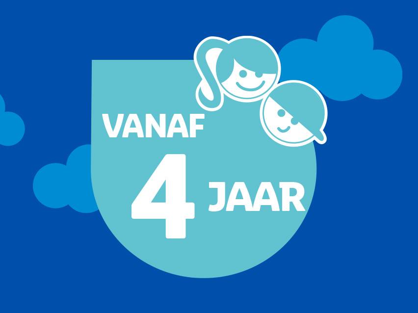 Blauw en turquoise logo met 'VANAF 4 JAAR' en lachende kindergezichtjes.