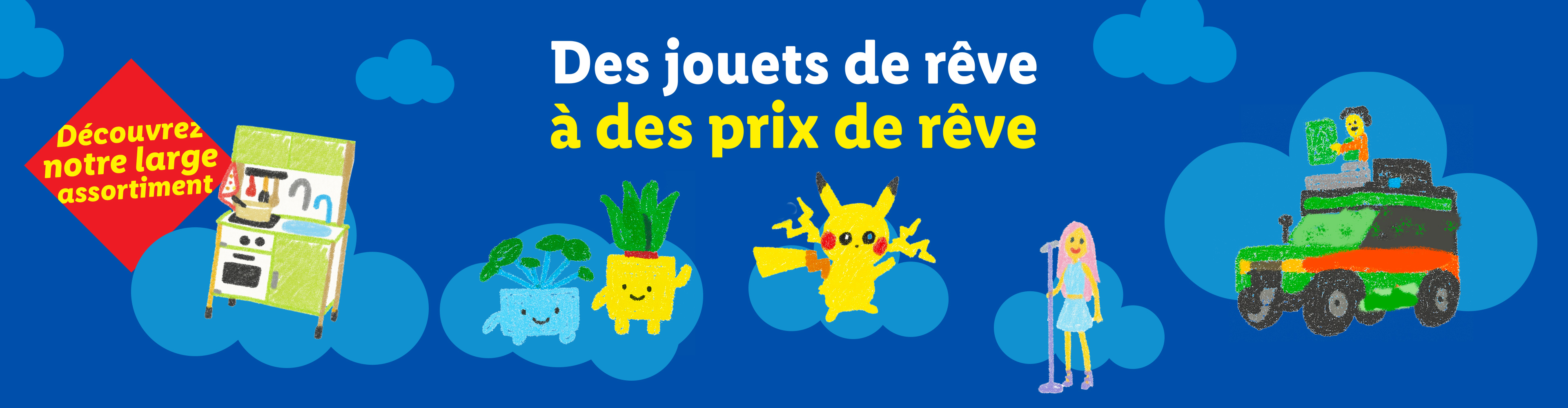 Pikachu, une cuisine jouet, une chanteuse et des plantes en pot sur fond bleu avec des nuages.