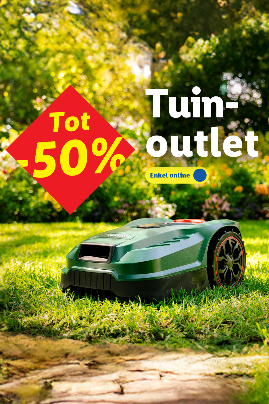 Tuinoutlet met robotmaaier en tot 50% korting, enkel online.