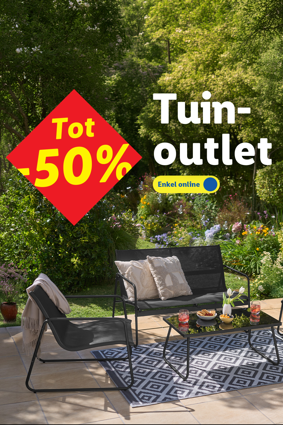 Tuinmeubelen outlet met tot -50% korting, enkel online.