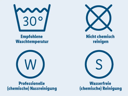 Wassymbolen: 30°C wassen, niet chemisch reinigen, professionele natreiniging (W), chemische reiniging (S).