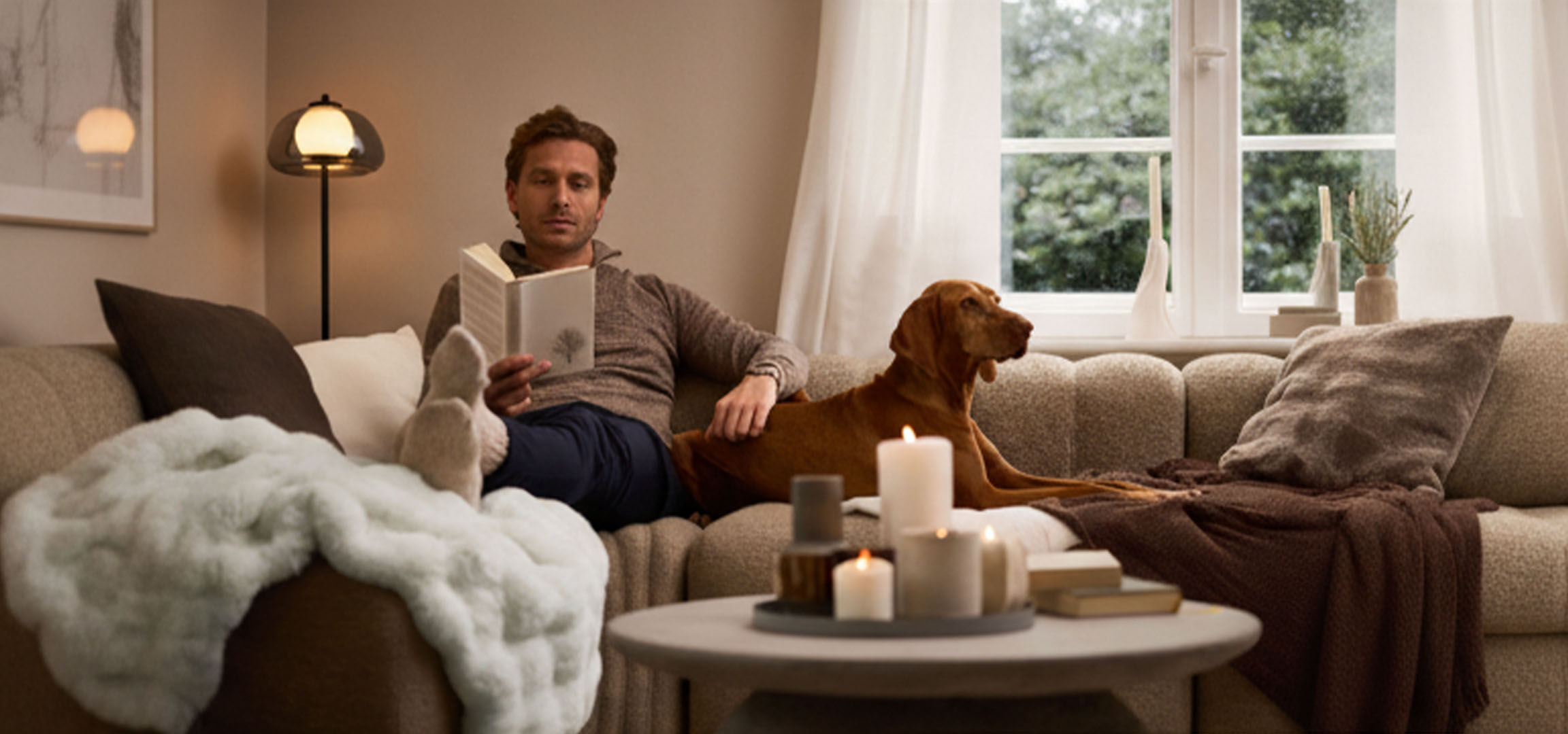 Man leest boek op bank met hond, omringd door knusse dekens en kaarsen.