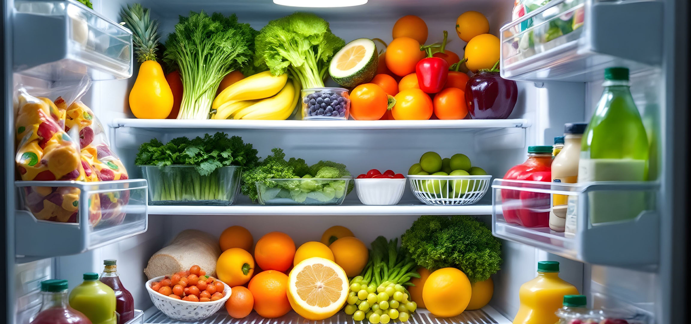 Oranges, légumes et jus dans un réfrigérateur.