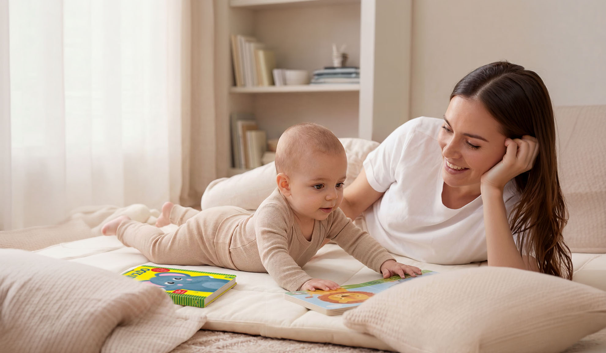 Moeder en baby liggen op de grond en lezen boeken met dierenafbeeldingen.