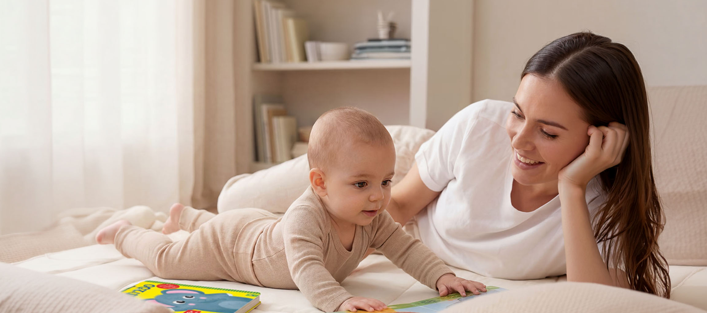 Moeder en baby liggen op bed en lezen een boek.