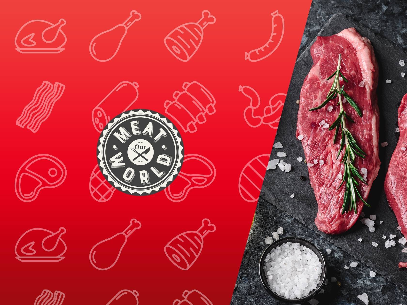 Steak cru avec romarin et sel, à côté d'un fond rouge avec des icônes de viande et le logo 'Our Meat World'.