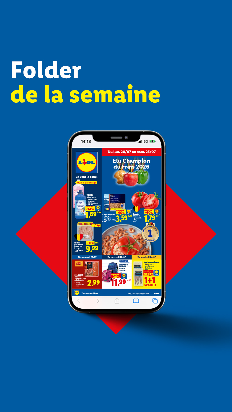 Een advertentie voor verse producten, grijze garnalen, tomaten en kipfilets.