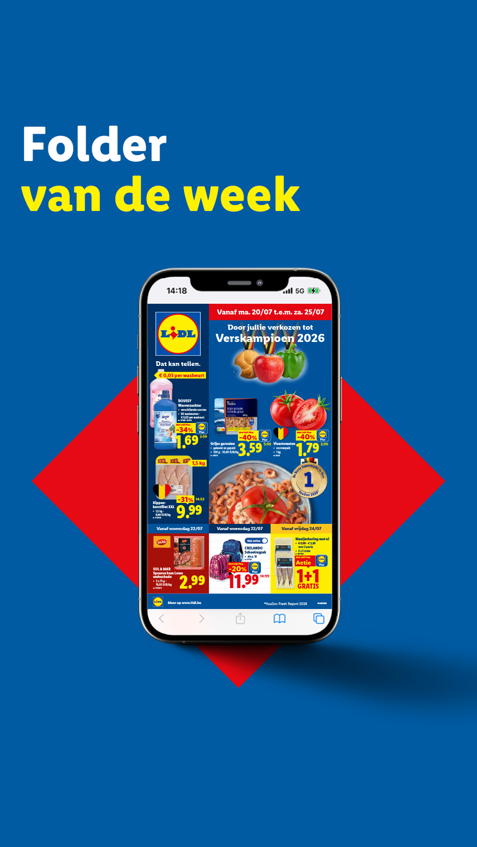 Folder van de week met aanbiedingen voor wasverzachter, garnalen, tomaten, kipfilet, schoolrugzakken en haring.