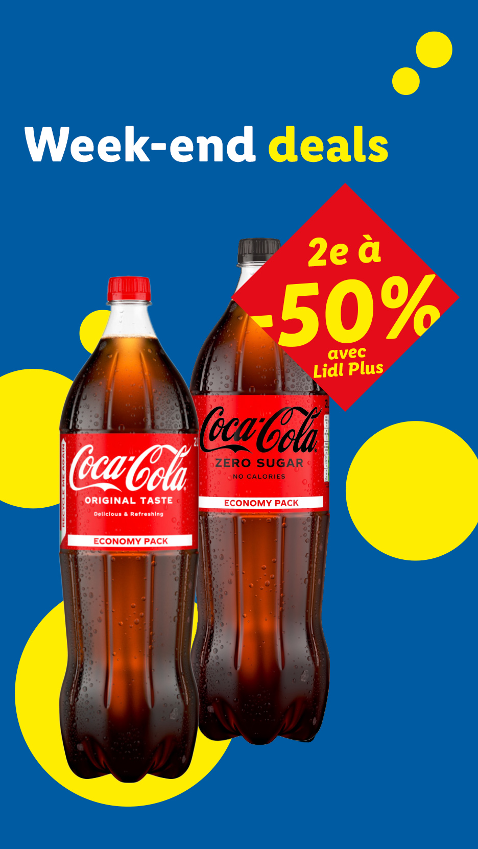 Twee flessen cola met een weekenddeal van 2e voor -50% met Lidl Plus.