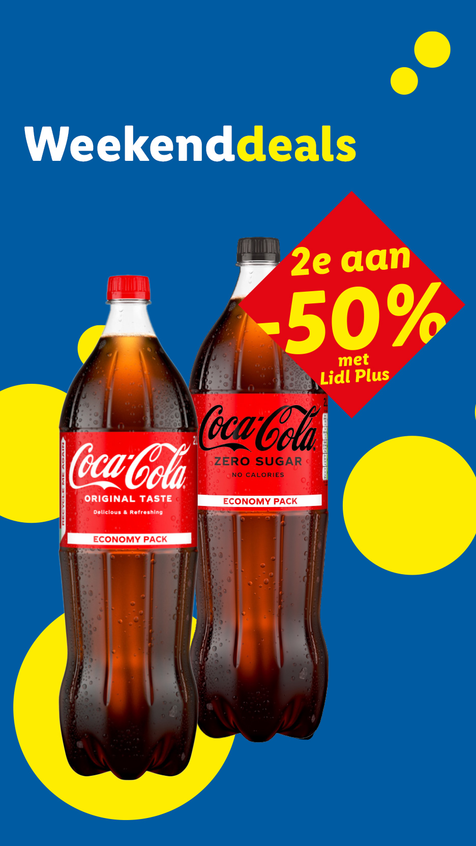 Weekenddeals: Twee flessen cola, de tweede met 50% korting voor Lidl Plus-klanten.