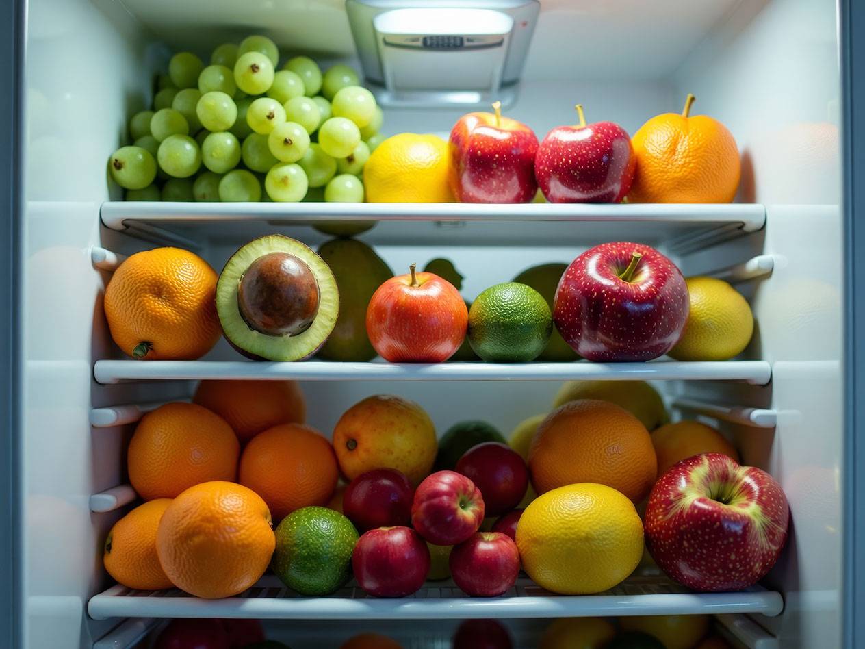 Raisins verts, pommes, oranges et avocats dans le réfrigérateur.