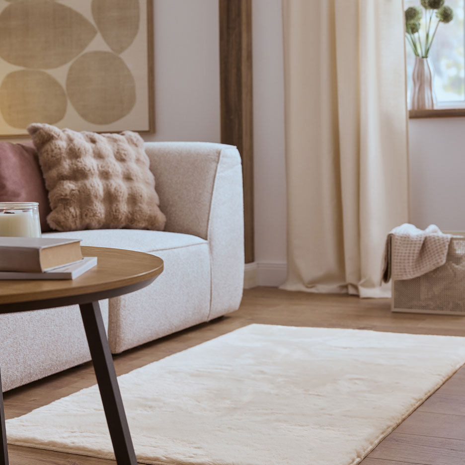 Beige vloerkleed in een woonkamer met een bank, kussens en een salontafel.